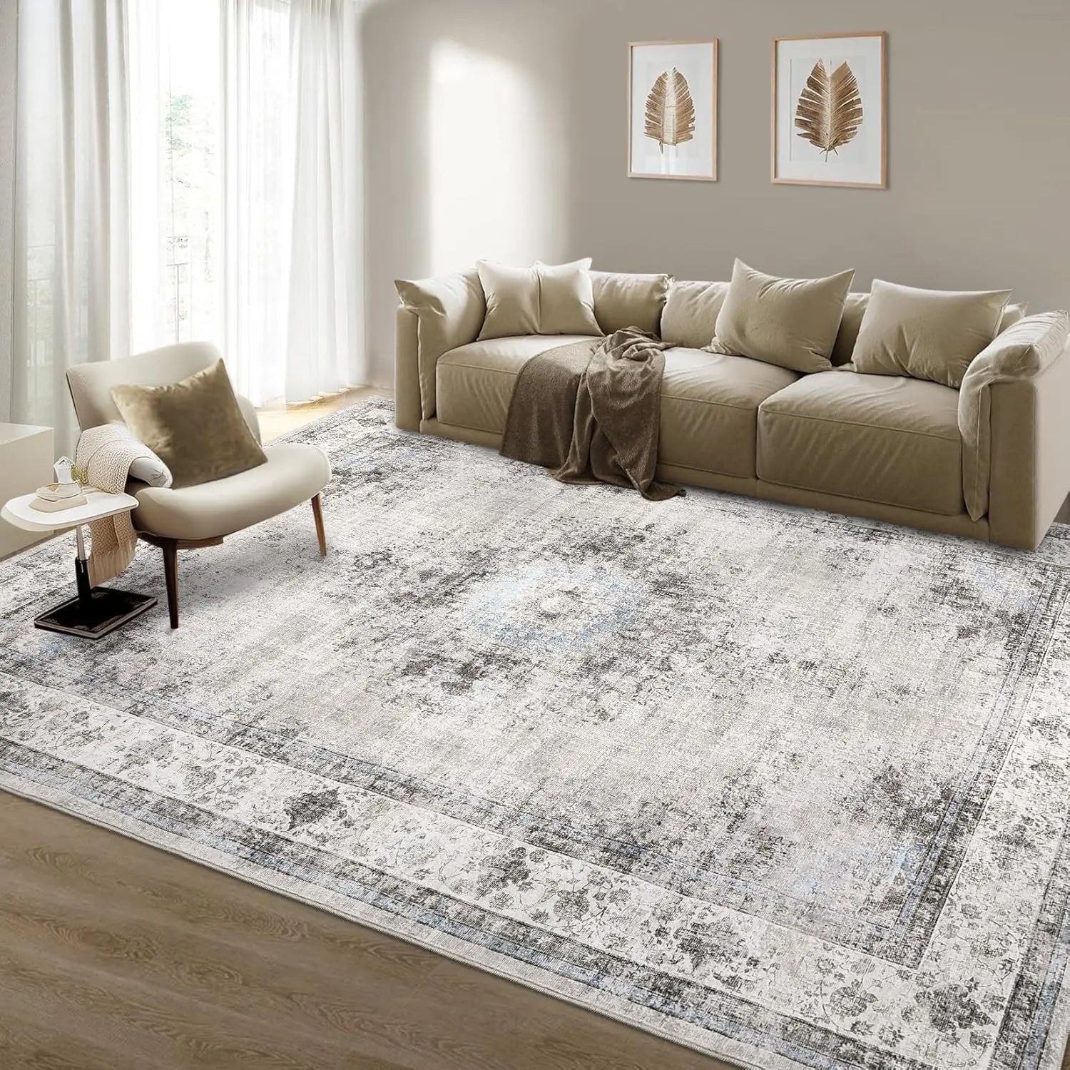 Area Rug Washable Vintage Floral Large Area Rug Soft Low Pile Indoor Floor Carpet for Living Room Bedroom Dining Room Office