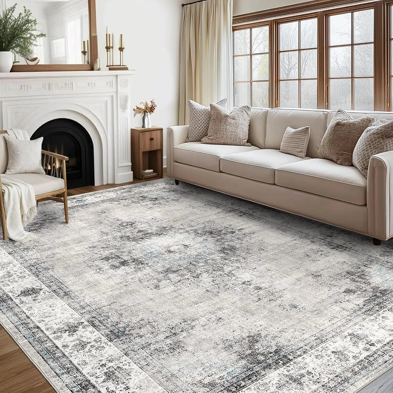 Area Rug Washable Vintage Floral Large Area Rug Soft Low Pile Indoor Floor Carpet for Living Room Bedroom Dining Room Office