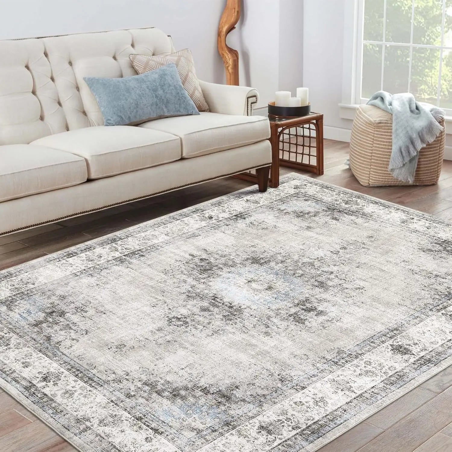 Area Rug Washable Vintage Floral Large Area Rug Soft Low Pile Indoor Floor Carpet for Living Room Bedroom Dining Room Office