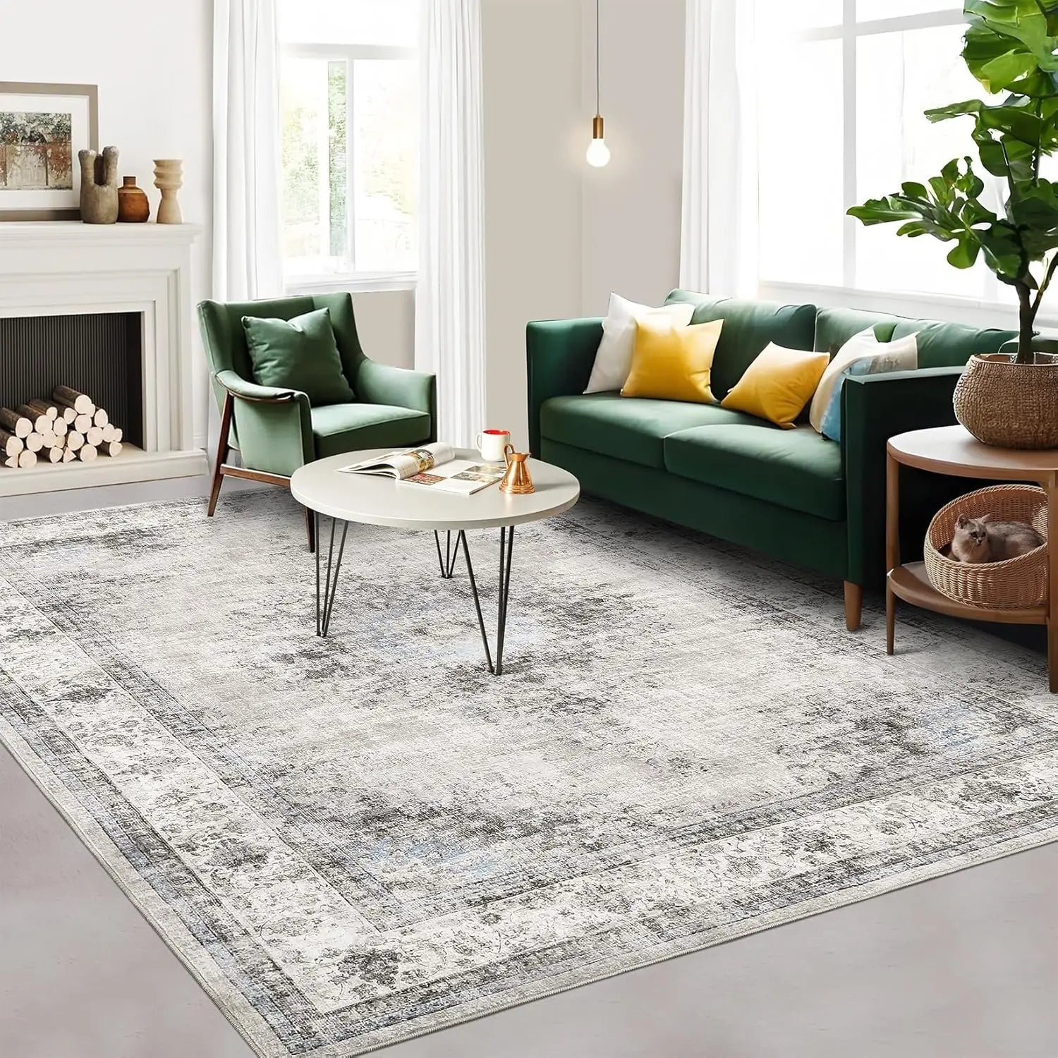 Area Rug Washable Vintage Floral Large Area Rug Soft Low Pile Indoor Floor Carpet for Living Room Bedroom Dining Room Office